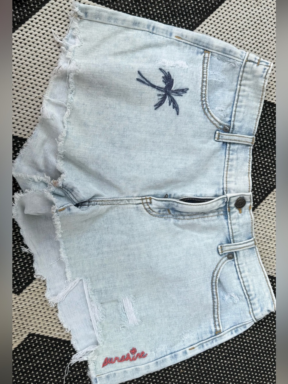 aerie Light Wash Denim Shorts with Embroidered Palm